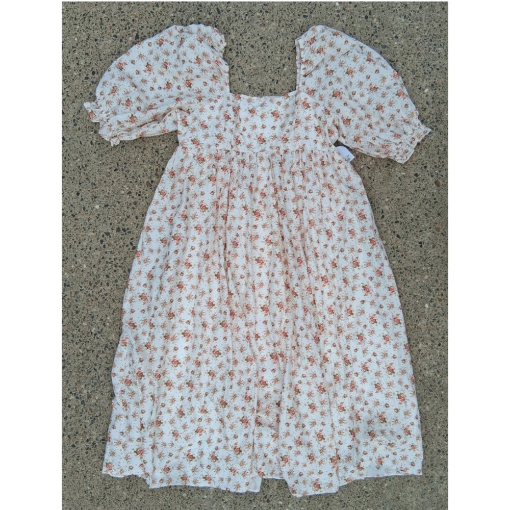 New Arula Cream Floral Boho Puff Sleeve Midi Dress
